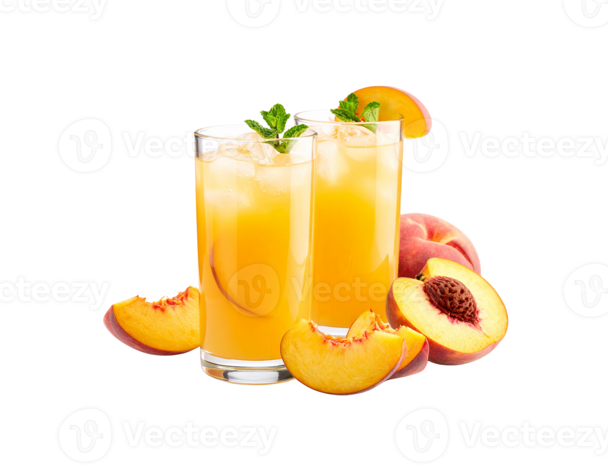 Refreshing Peach Iced Tea in Tall Glasses with Mint Garnish and Peach Slices. png