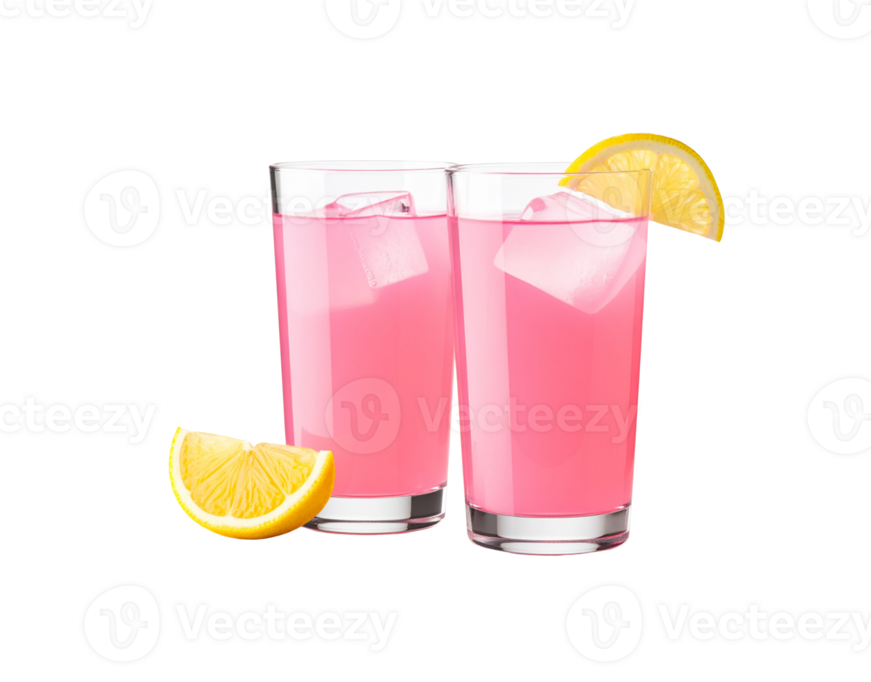 Two Glasses of Pink Lemonade with Ice and Lemon Slices. png