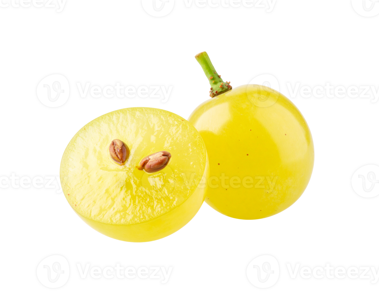 Fresh Yellow Grape Duo Whole and Halved with Seeds Visible. png
