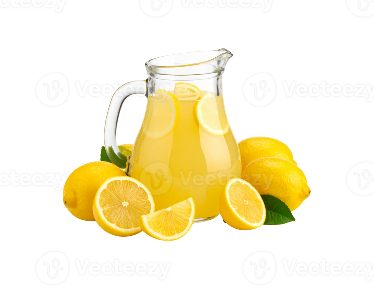 Refreshing Lemonade in Glass Pitcher with Sliced Lemons and Green Leaves. png