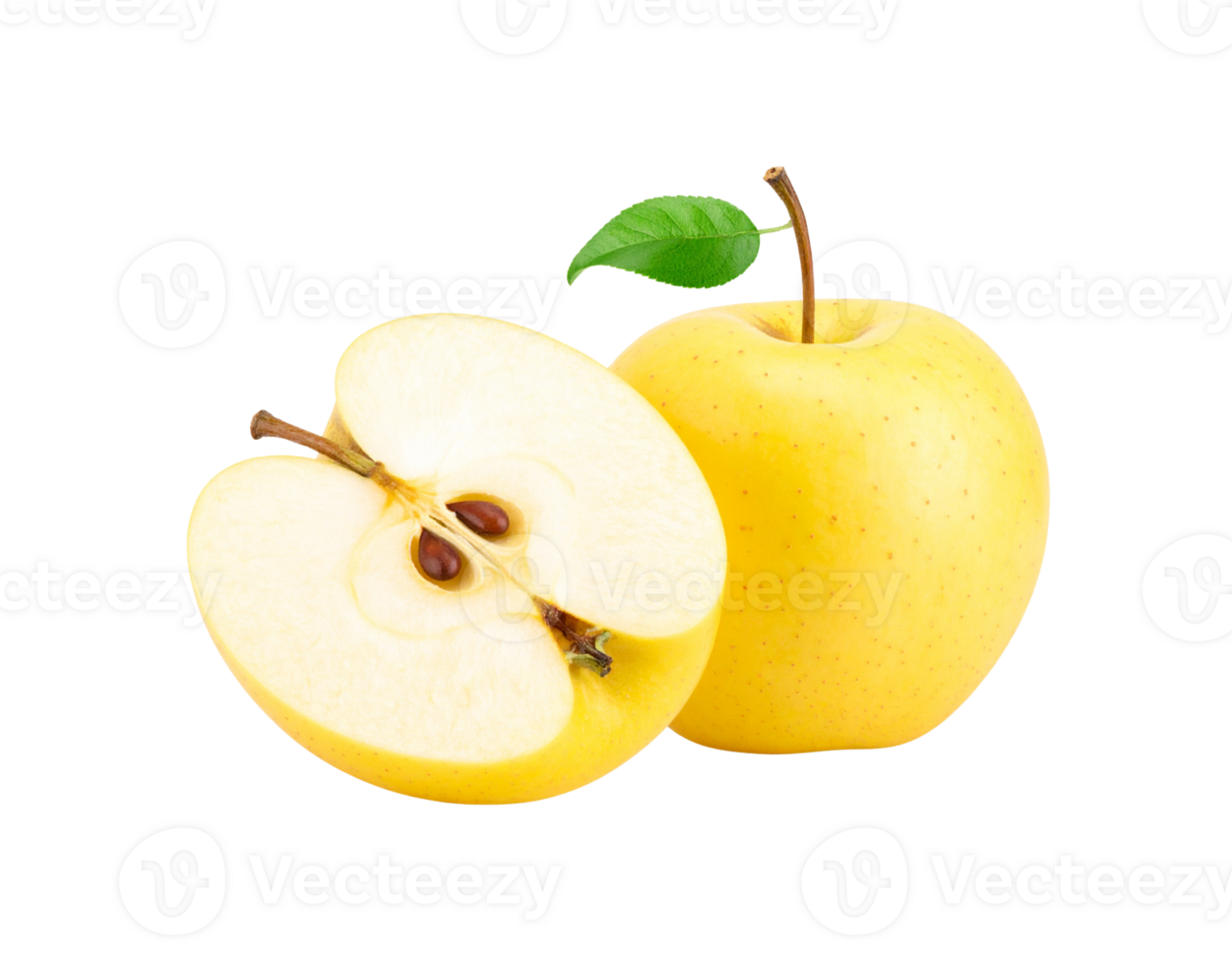 Golden Delicious Apple and Cross Section with Seeds and Leaf. png