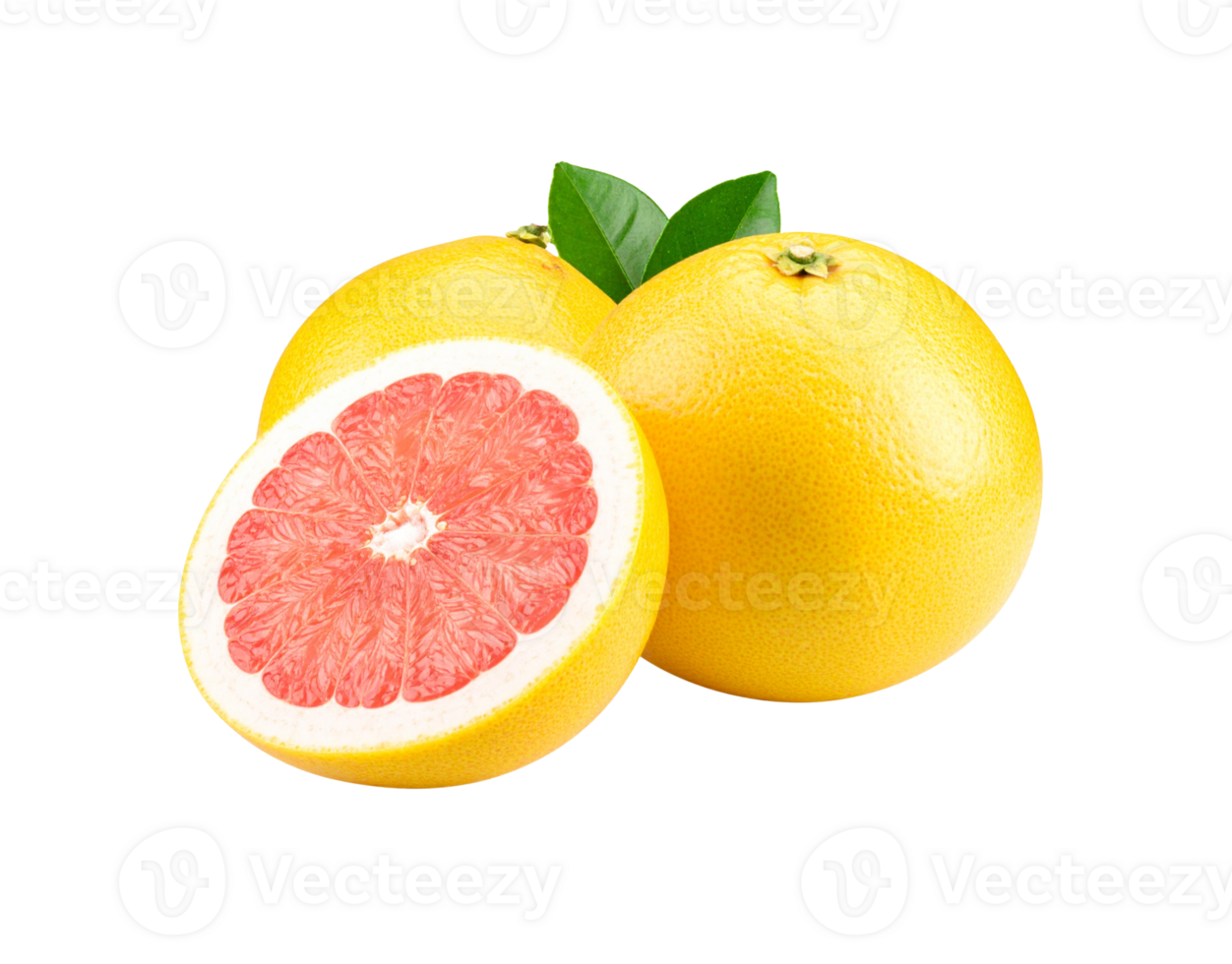 Fresh Yellow Grapefruit Still Life with Cut Half and Green Leaves. png