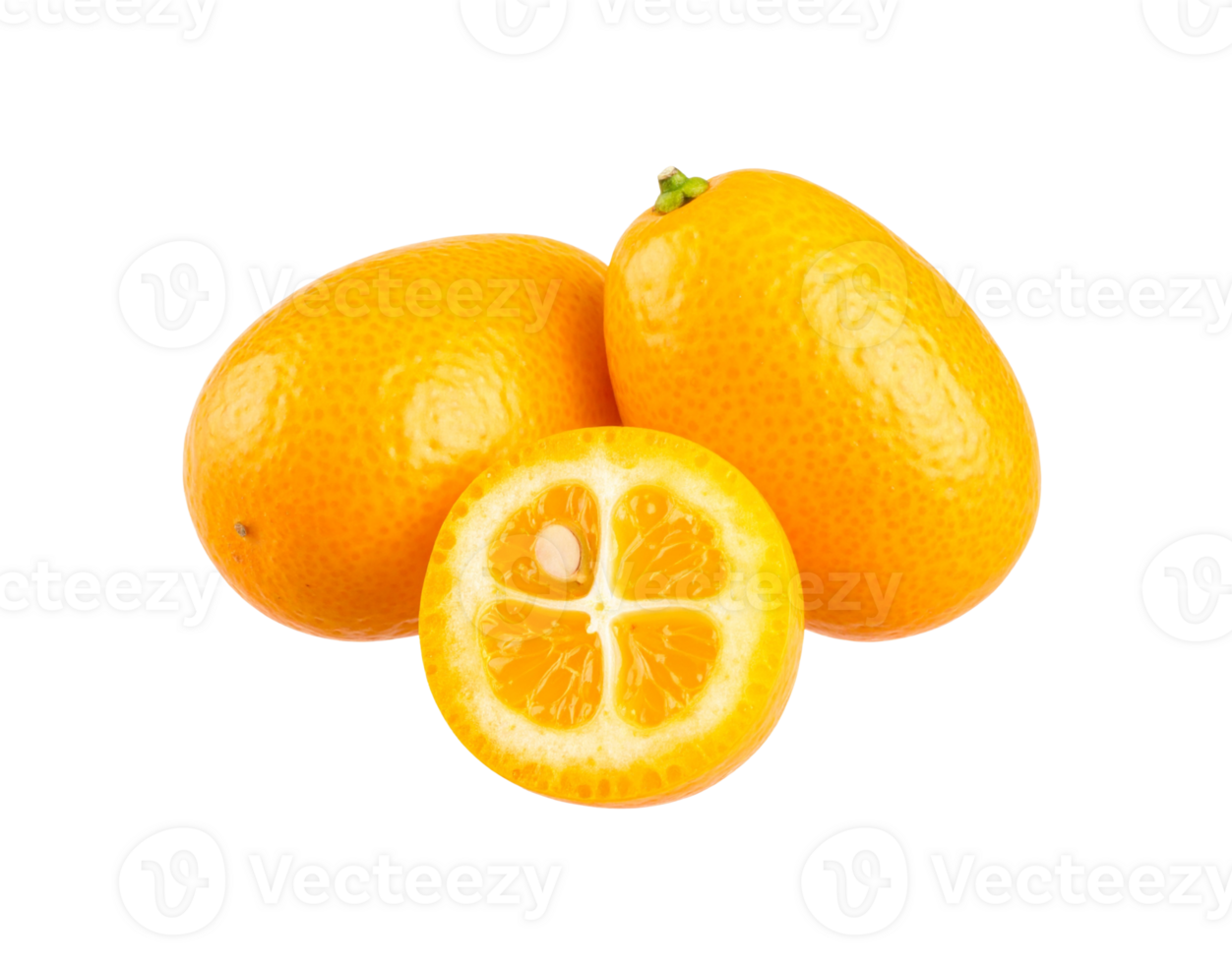 Kumquats Two Whole and One Halved Showing Seeds and Segments. png