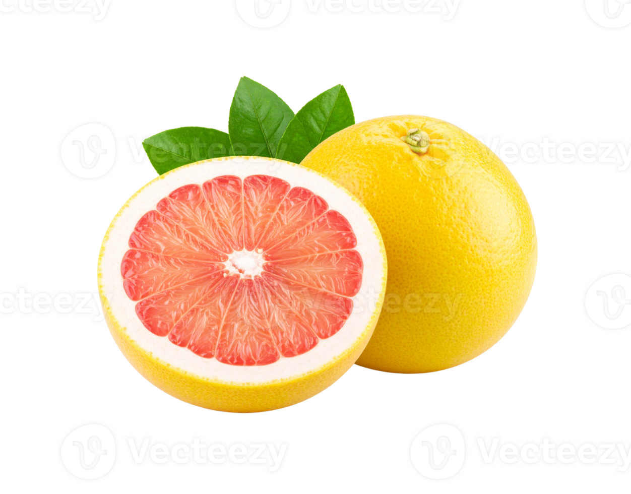 Fresh Grapefruit Duo Whole and Halved with Green Leaves Detail. png