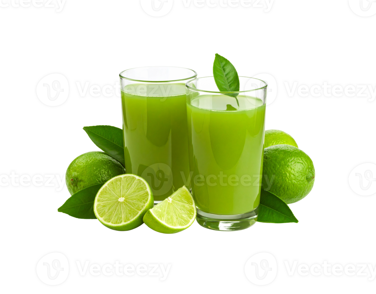 Refreshing Lime Juice in Clear Glasses with Fresh Limes and Leaves. png