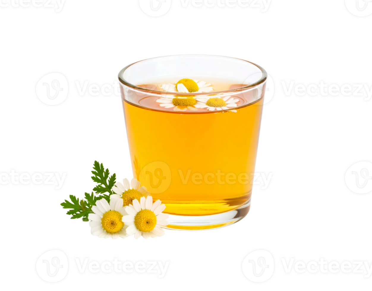 Chamomile Tea in Glass with Floating and Side Flowers Herbal Infusion. png