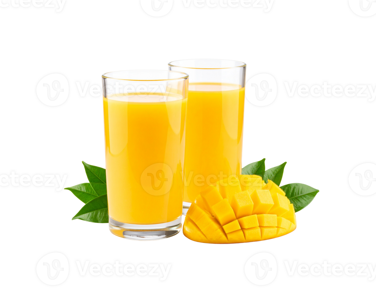 Two Glasses of Fresh Mango Juice with Mango Cubes and Green Leaves. png