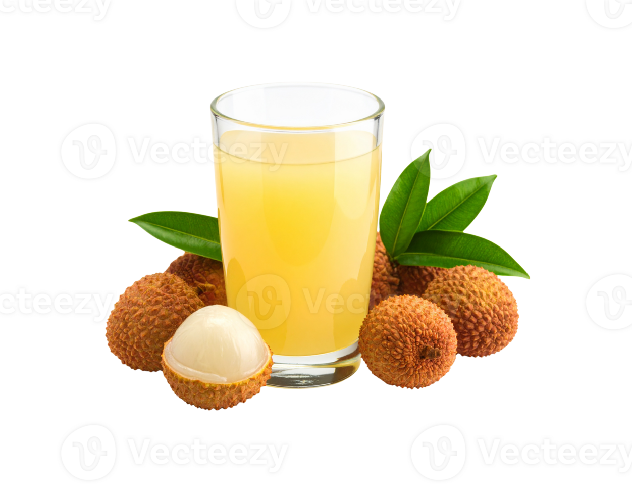 Refreshing Lychee Juice in Glass with Fresh Fruits and Green Leaves. png