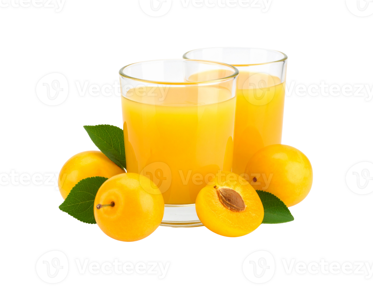 Two Glasses of Yellow Plum Juice with Fresh Plums and Green Leaves. png