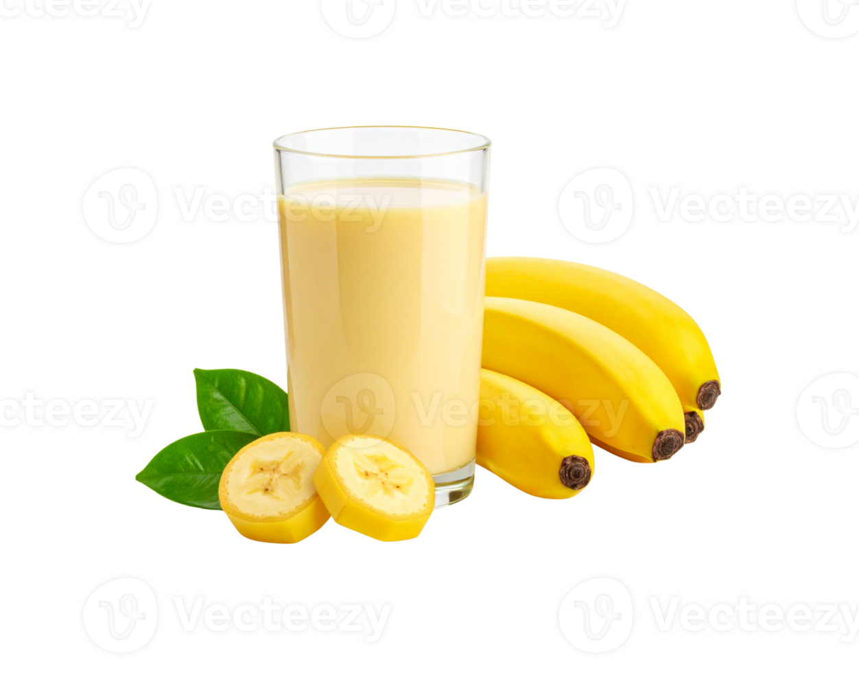 Refreshing Banana Smoothie in Glass with Fresh Bananas and Leaves. png
