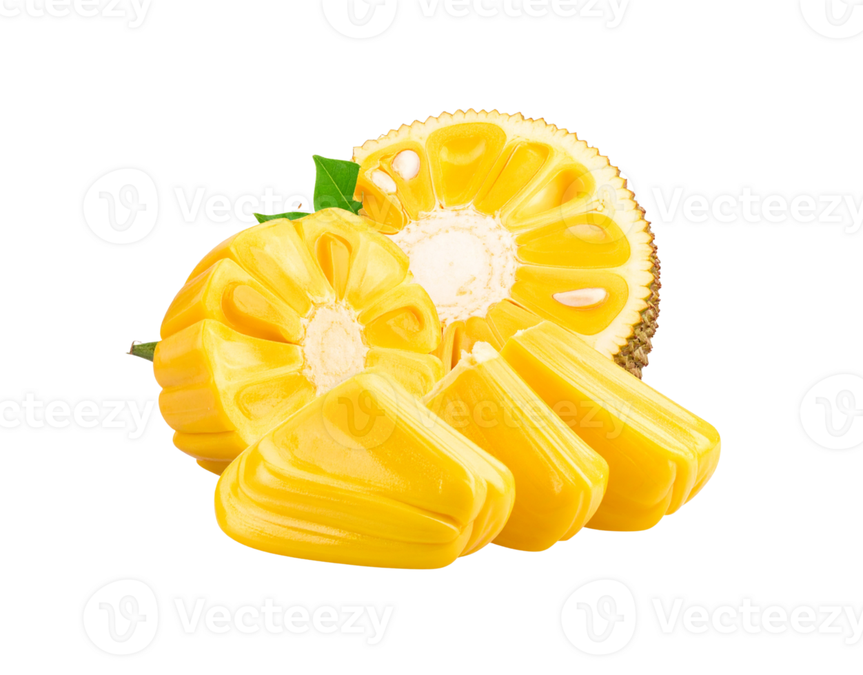 Freshly Cut Jackfruit Segments and Half with Green Leaves Detail. png
