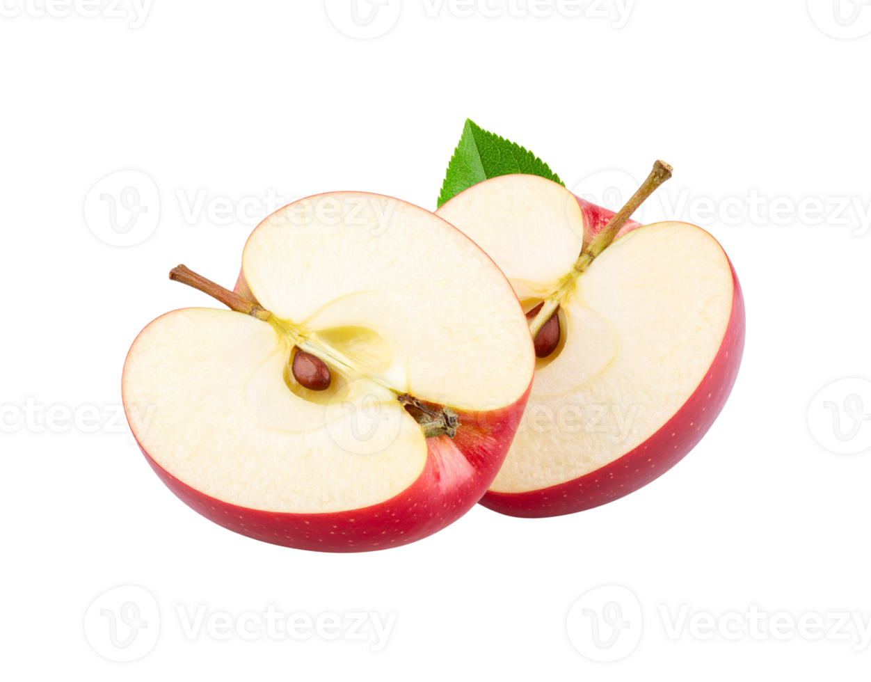 Two Sliced Red Apples with Stem and Leaf Detail Fresh Fruit. png