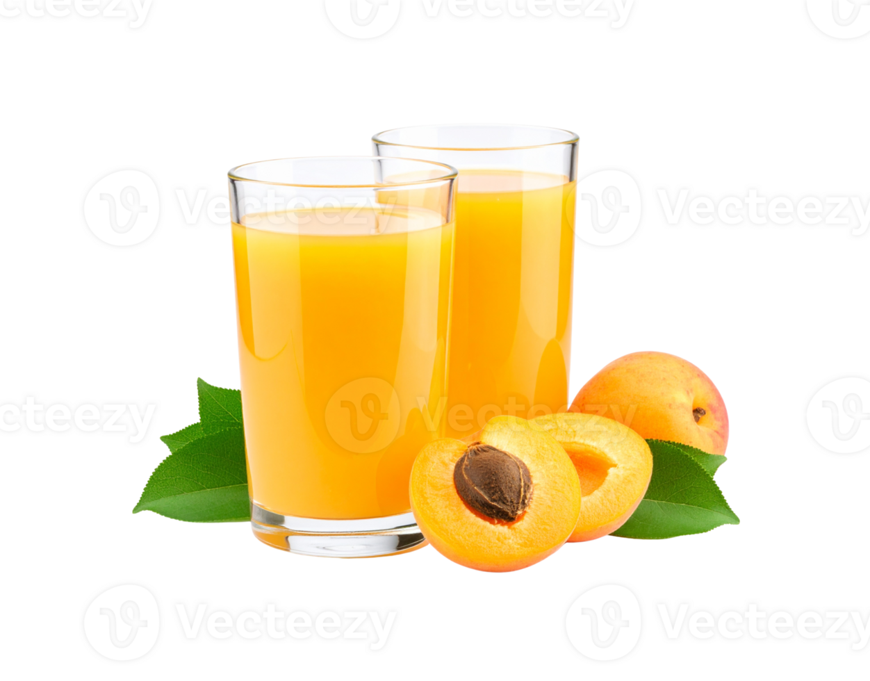 Apricot Juice in Clear Glasses with Fresh Apricots and Green Leaves. png