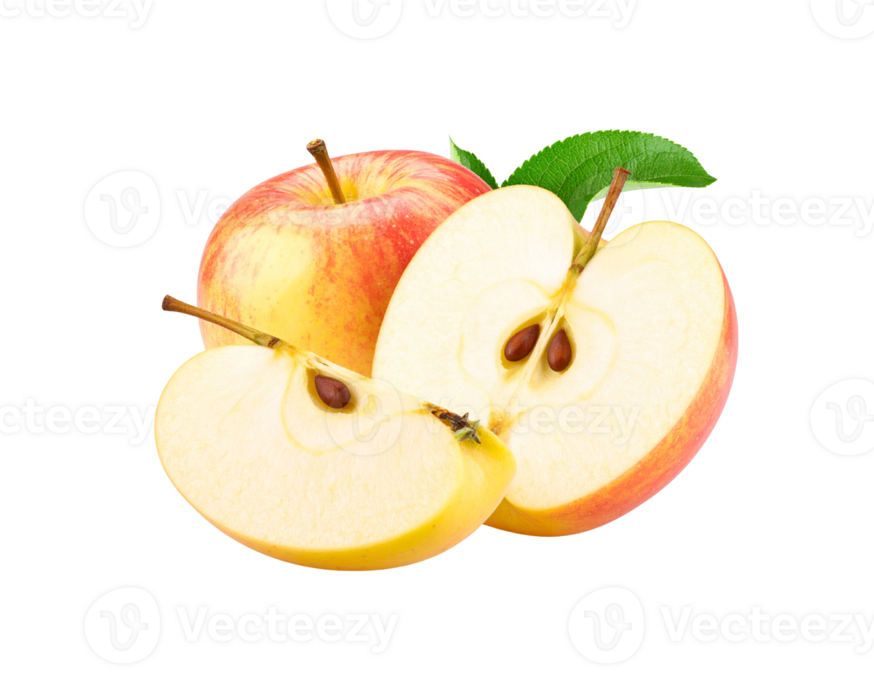 Fresh Gala Apple with Slices and Green Leaf Detail CloseUp View. png