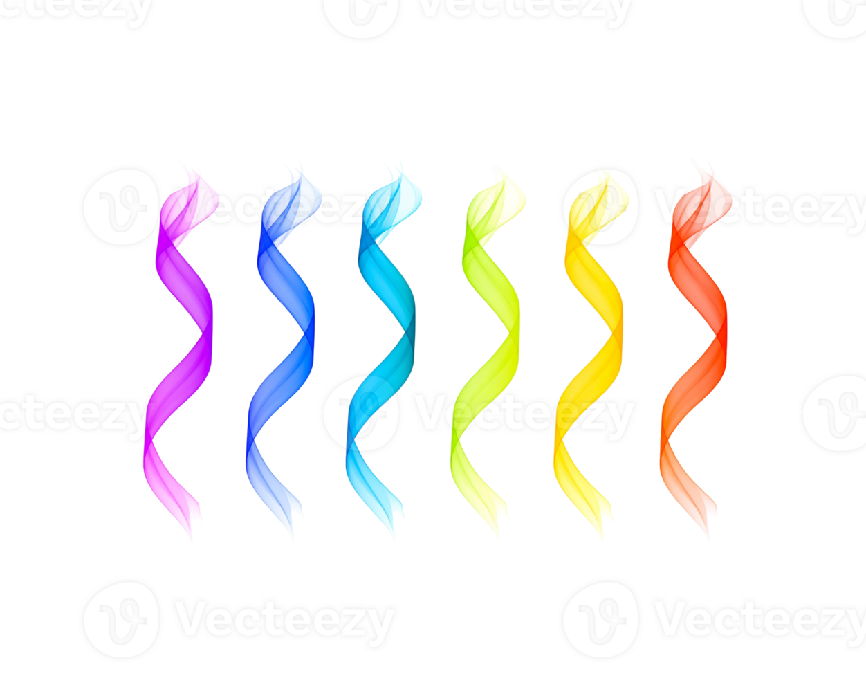 Six Colorful Translucent Flowing Ribbons in a Row Purple Blue Green Yellow and Red. png