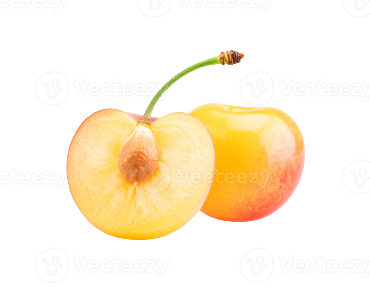 Fresh Rainier Cherry Halved with Stem and Pit Detail. png