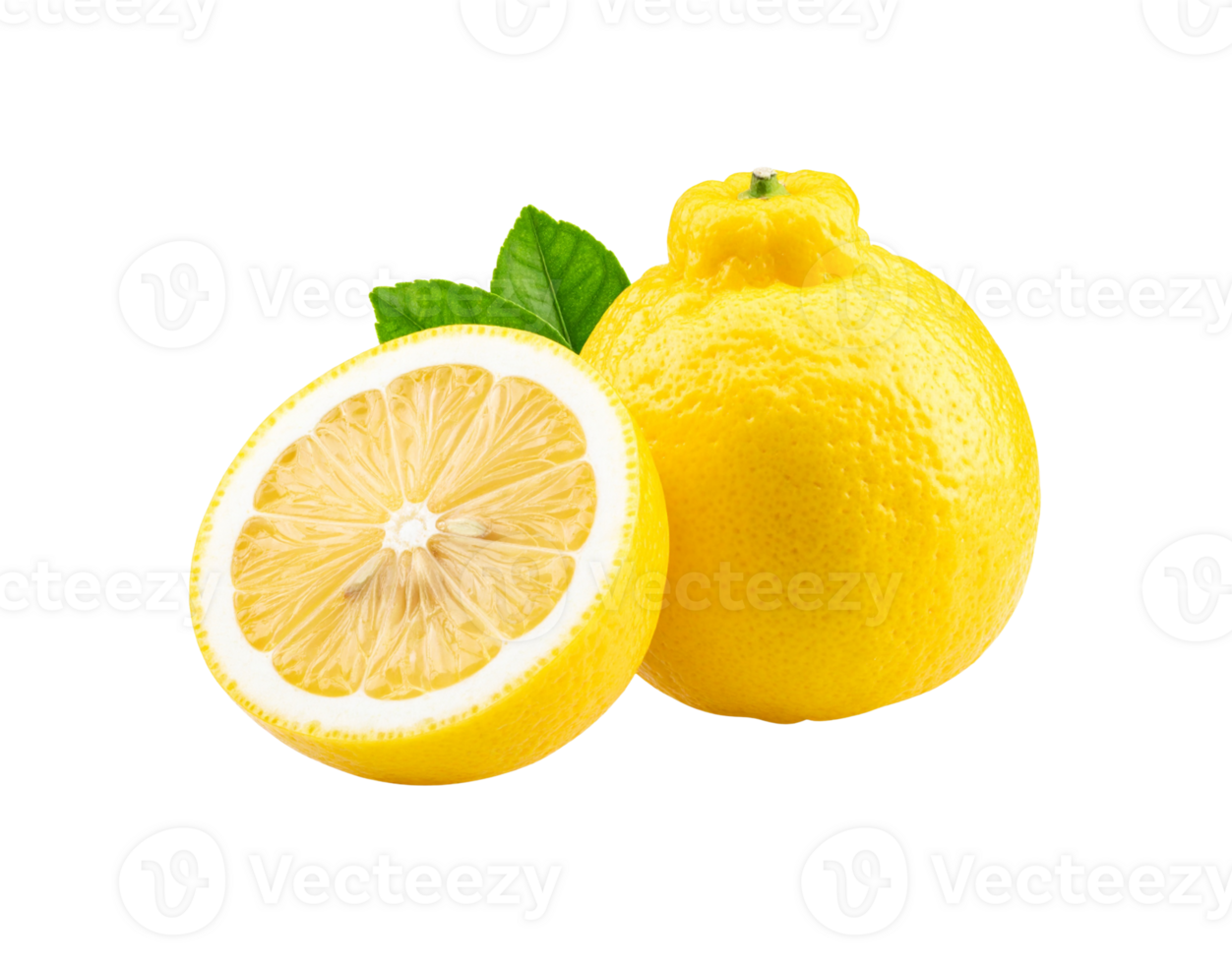 Fresh Lemon and Half Slice with Green Leaves Still Life. png
