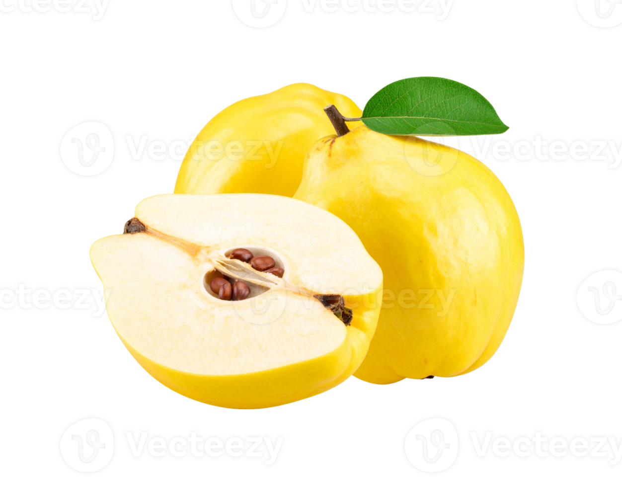 Fresh Yellow Quince Fruits with Green Leaf and Seed Detail. png