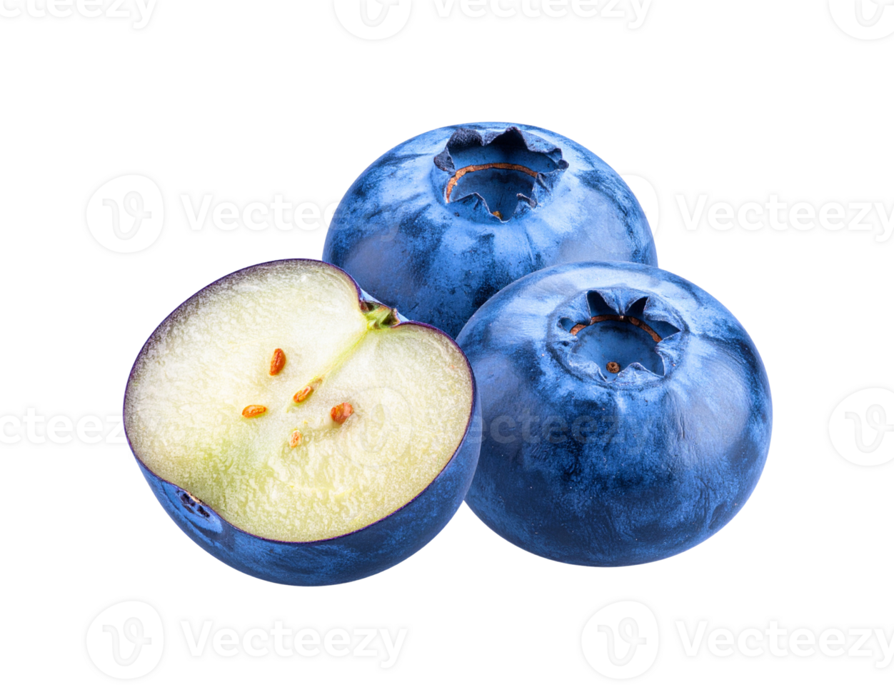 Fresh Blueberries Still Life Two Whole and One Cut in Half. png