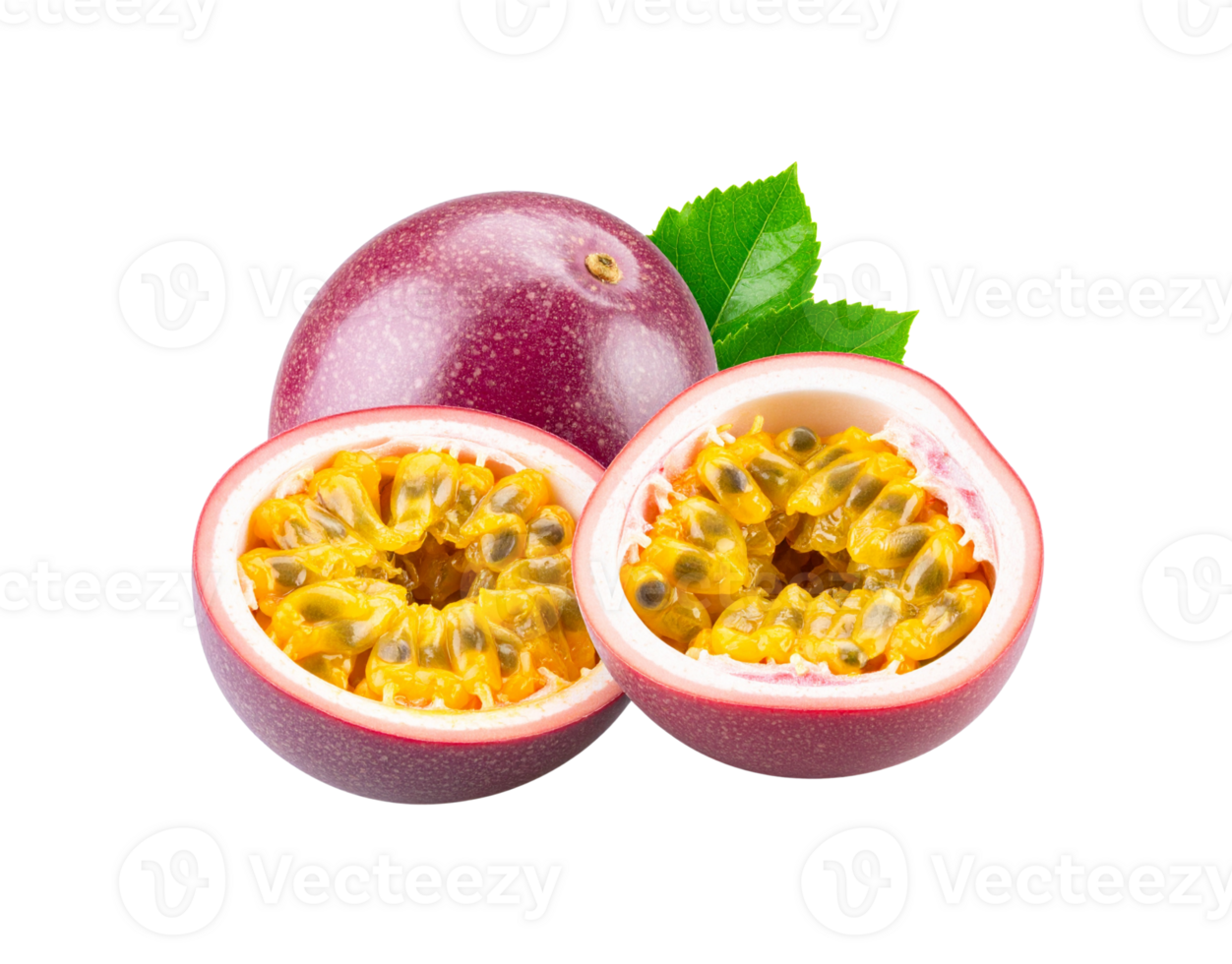 Passion Fruit Still Life Whole and Halved with Seeds Visible. png
