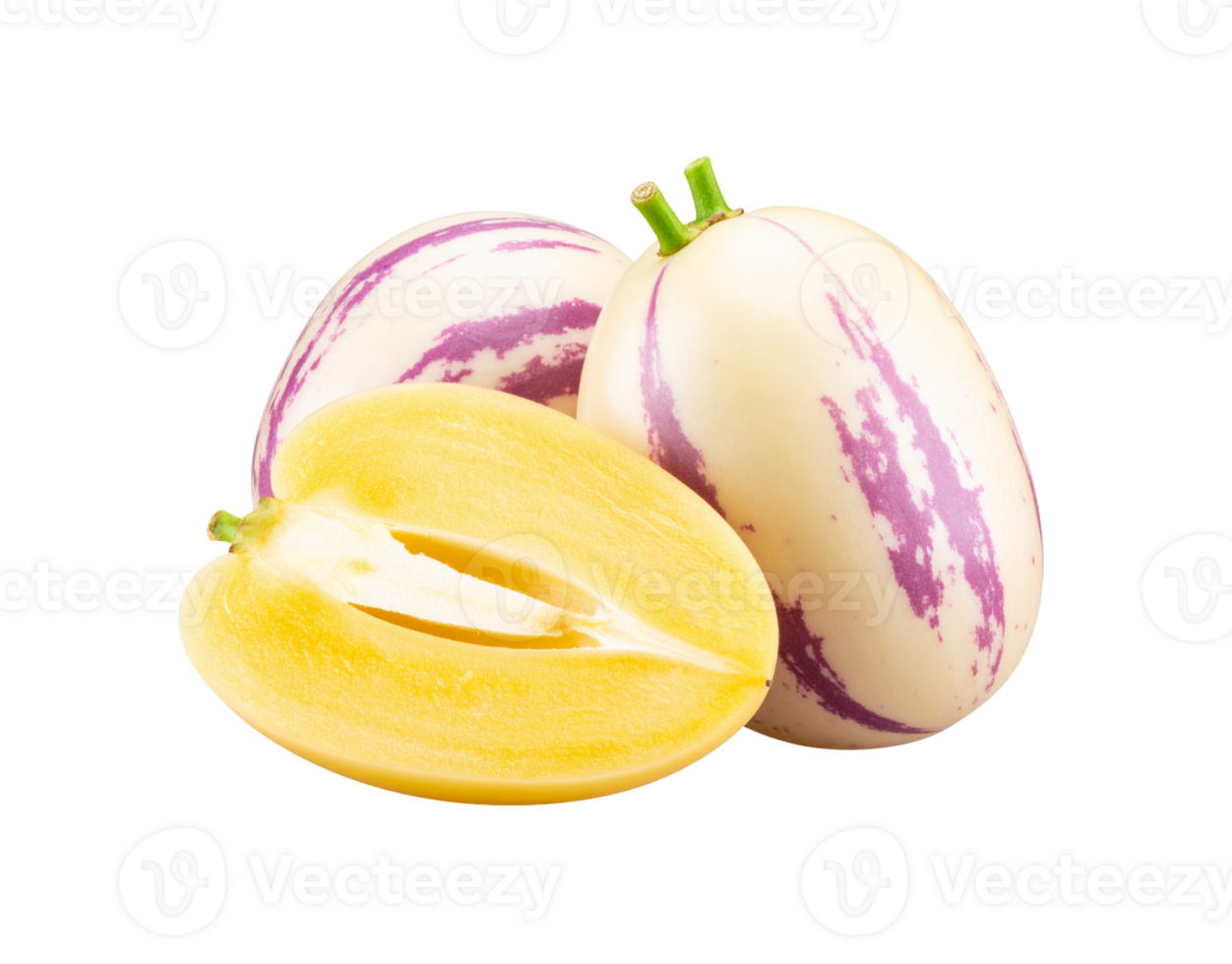 Three whole and halved Pepino melons with purple stripes. png