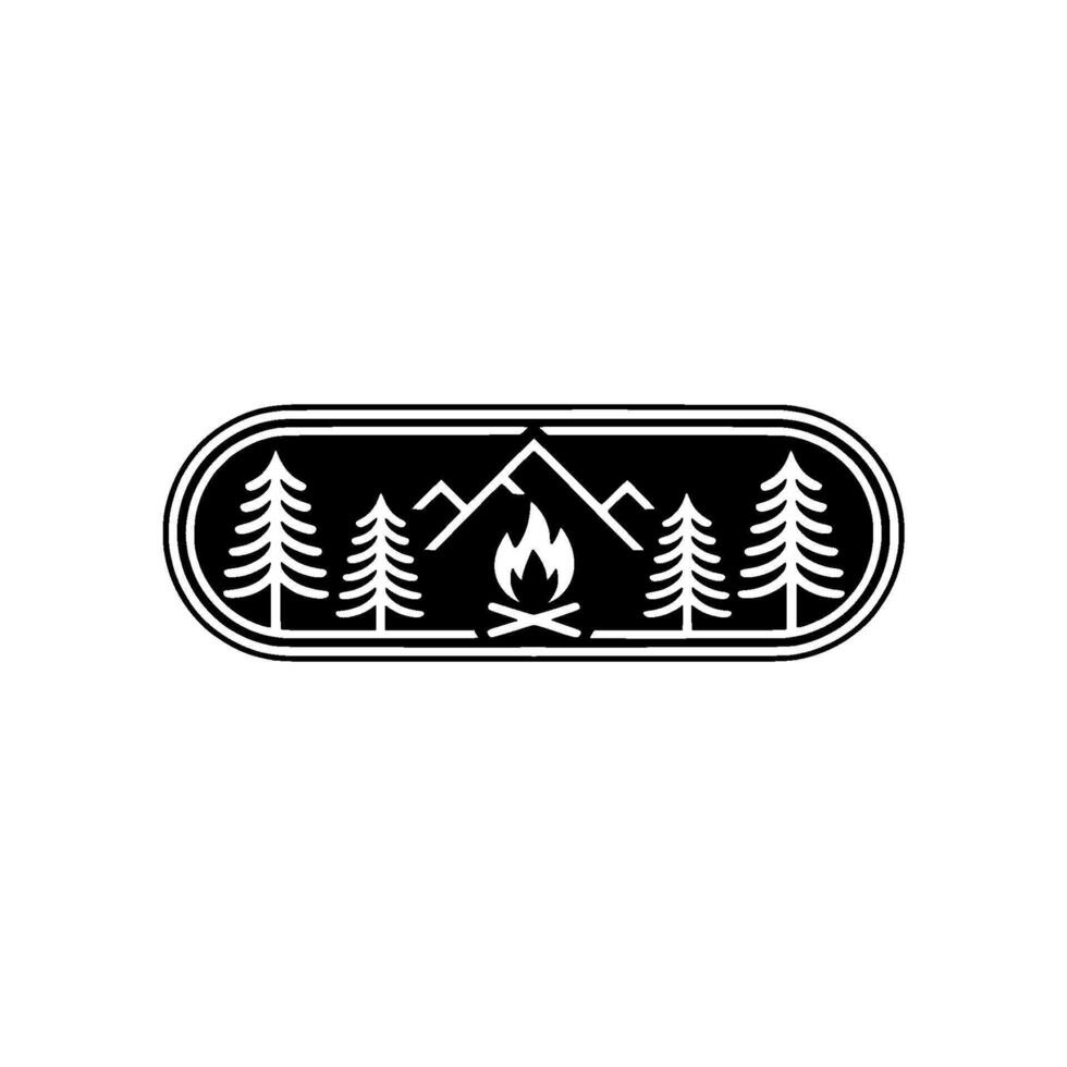 Rustic Mountain Campfire Emblem, Vintage Adventure Illustration, Pines vector
