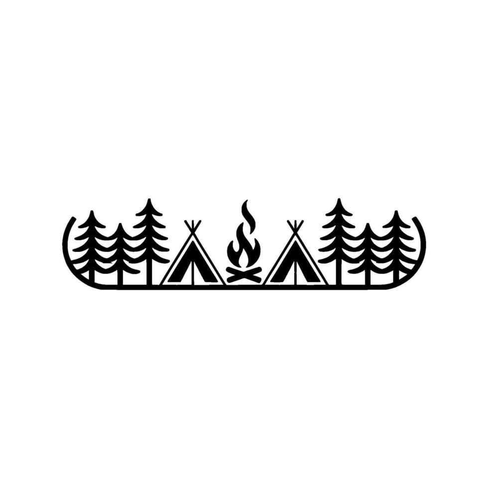 Minimalist Camping Scene Pine Trees, Tent, and Fire, Outdoors vector