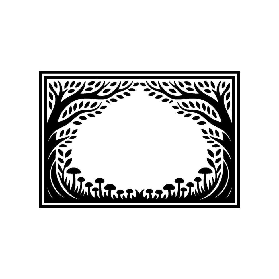 Intricate Forest Frame, Black White Silhouette, Mystical Woodland vector