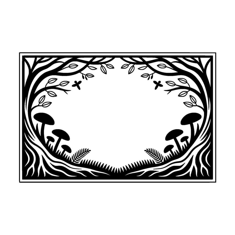 Enchanted Forest Frame, Botanical Illustration, Mystical Border, Circular vector