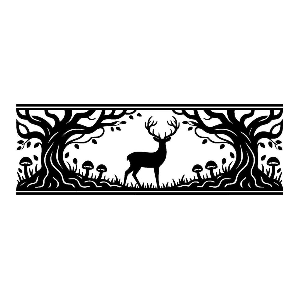 Woodland Silhouette Deer Mushrooms, Stylized Border vector