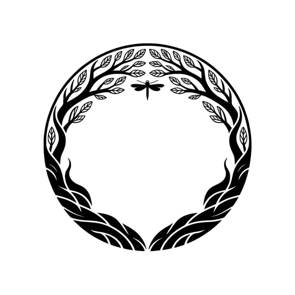 Circular Emblem Dragonfly Branch, Organic Growth, Minimalist vector