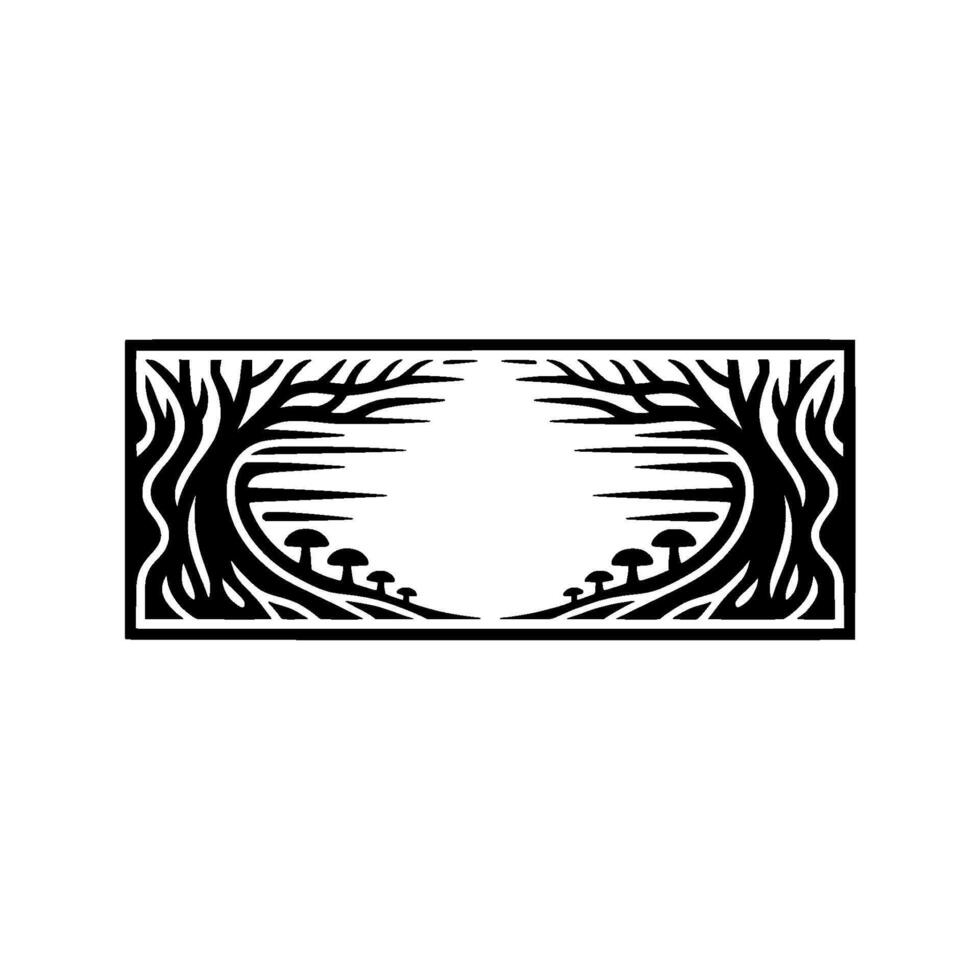 Mystical Forest Frame, Black White Illustration, Mushrooms vector