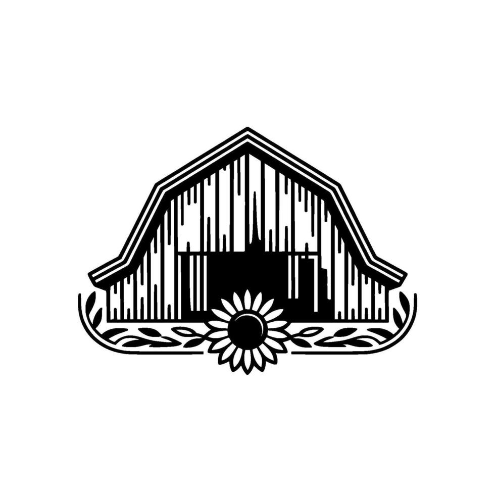 Rustic Barn Emblem, Sunflower Detail, Vintage Illustration vector