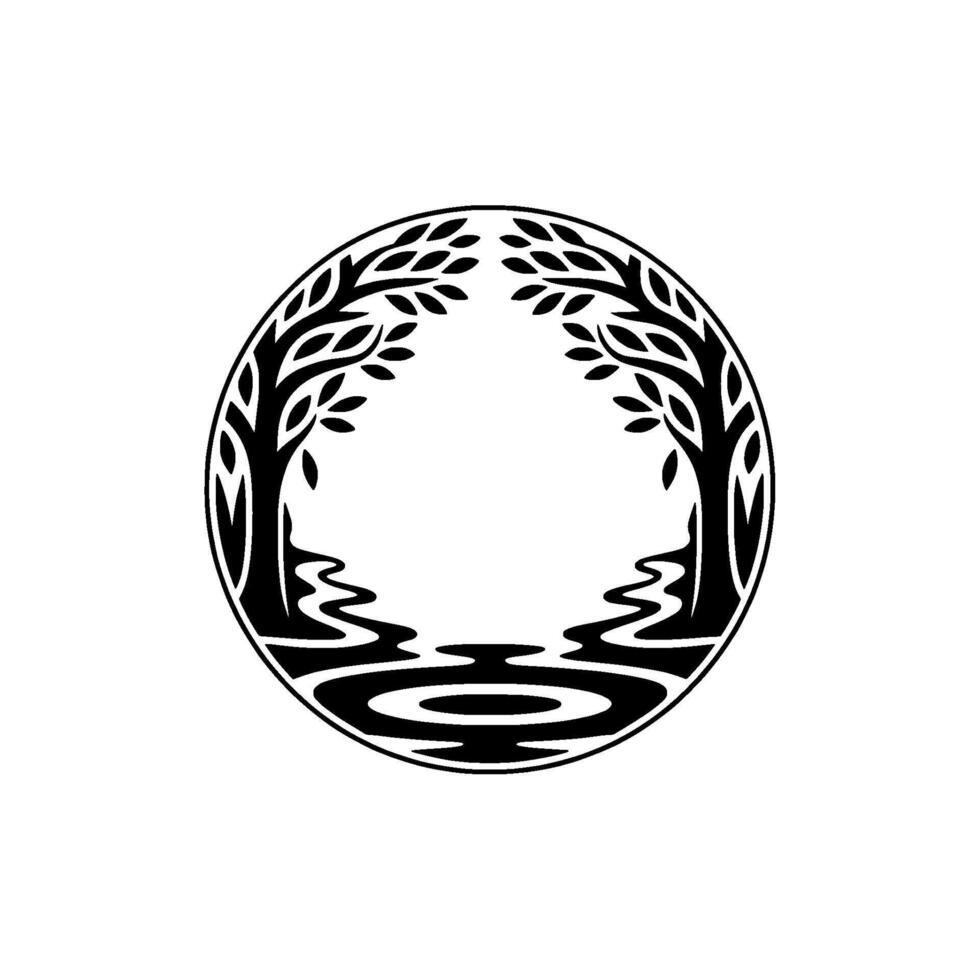Circular Emblem Ancient Trees Tranquil Reflection vector