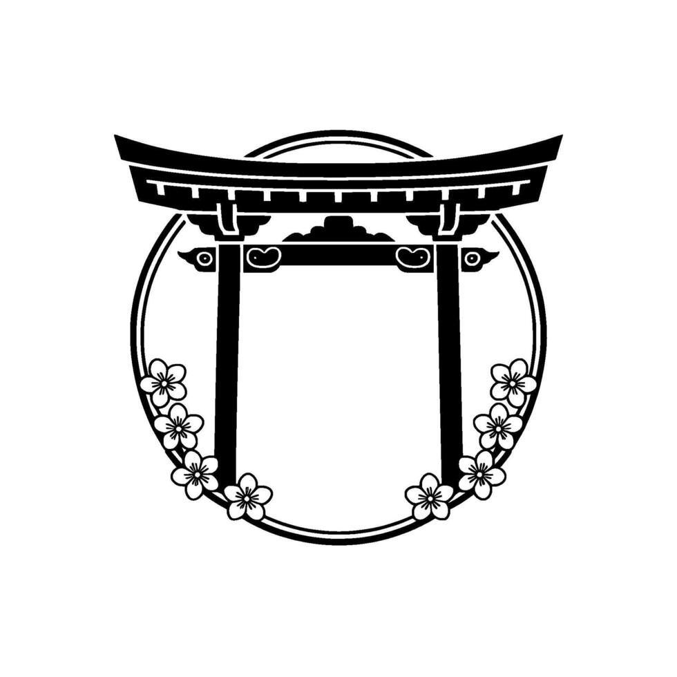 Japanese Torii Gate Frame, Floral Accent, Minimalist vector