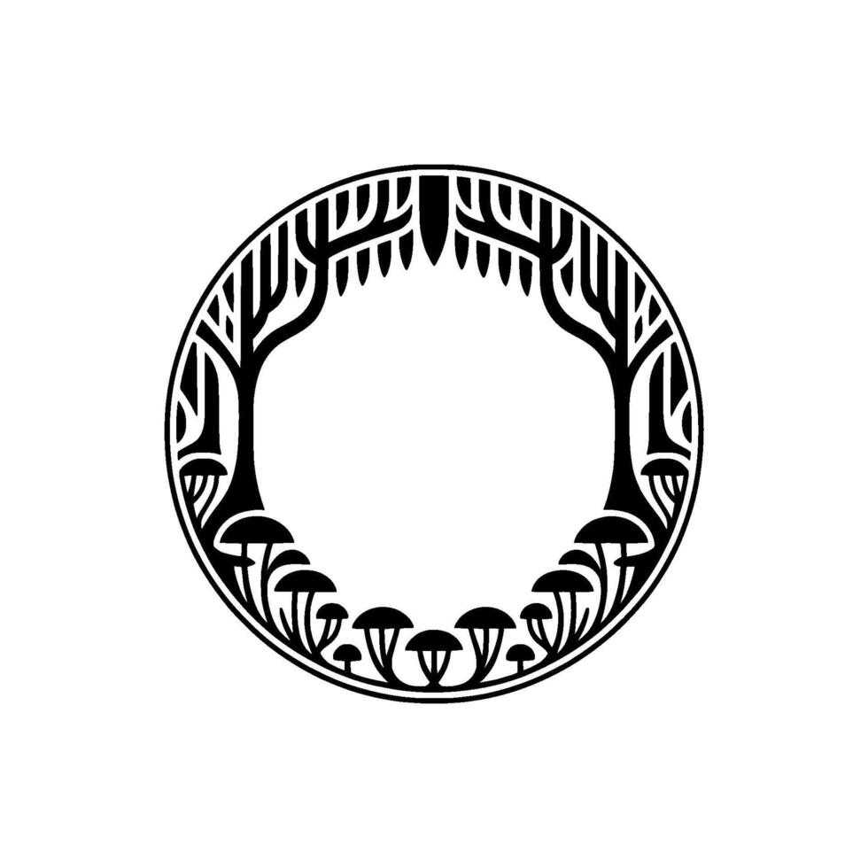 Intricate Circle Frame, Mythical Trees Mushrooms vector