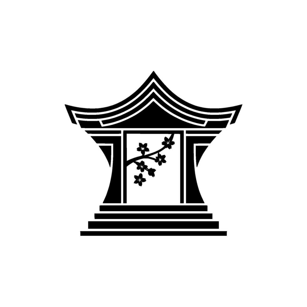 Japanese Pagoda with Cherry Blossom, Minimalist Emblem vector