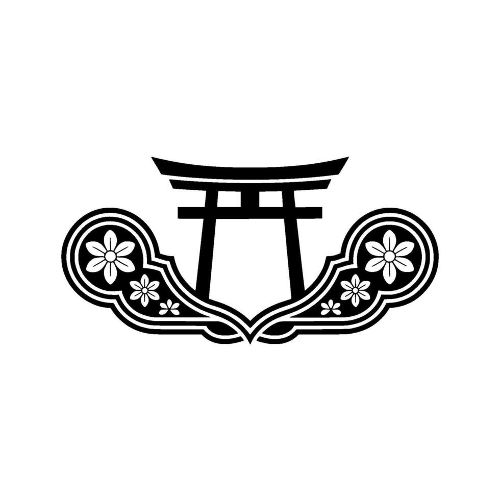 Japanese Torii Gate Emblem, Floral Ornamentation, Minimalist vector