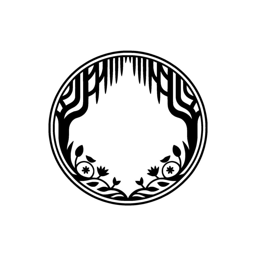Stylized Circular Emblem Forest Silhouette Floral Detail vector