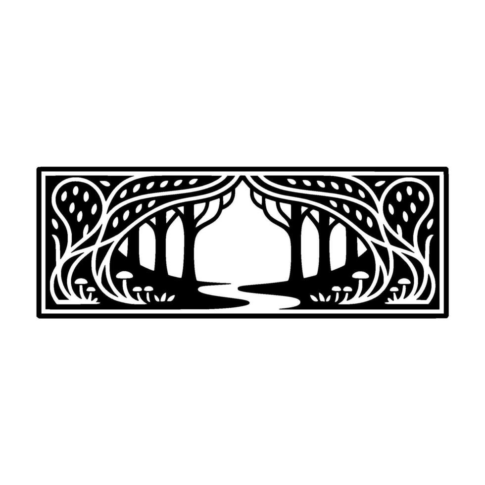 Enchanted Forest Portal, Stylized Black White Illustration, Trees vector