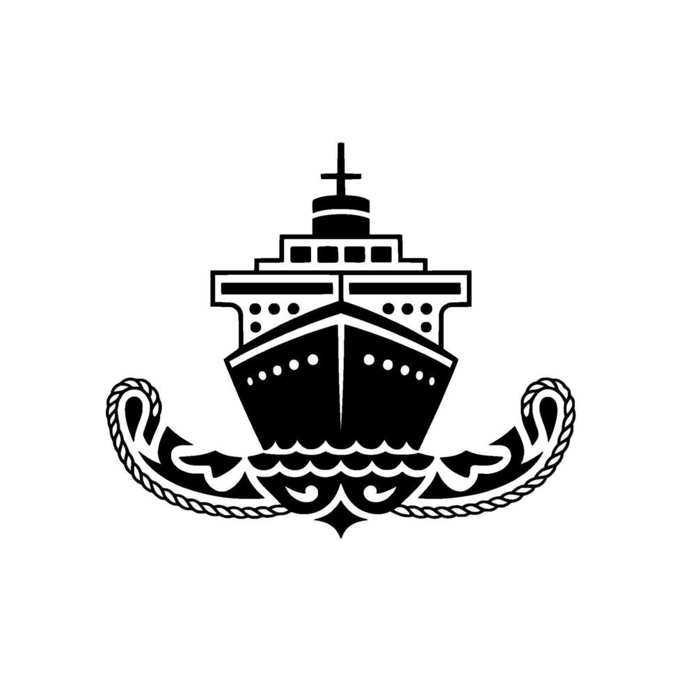 Nautical Crest Vintage Ship Silhouette on Wave Motif vector