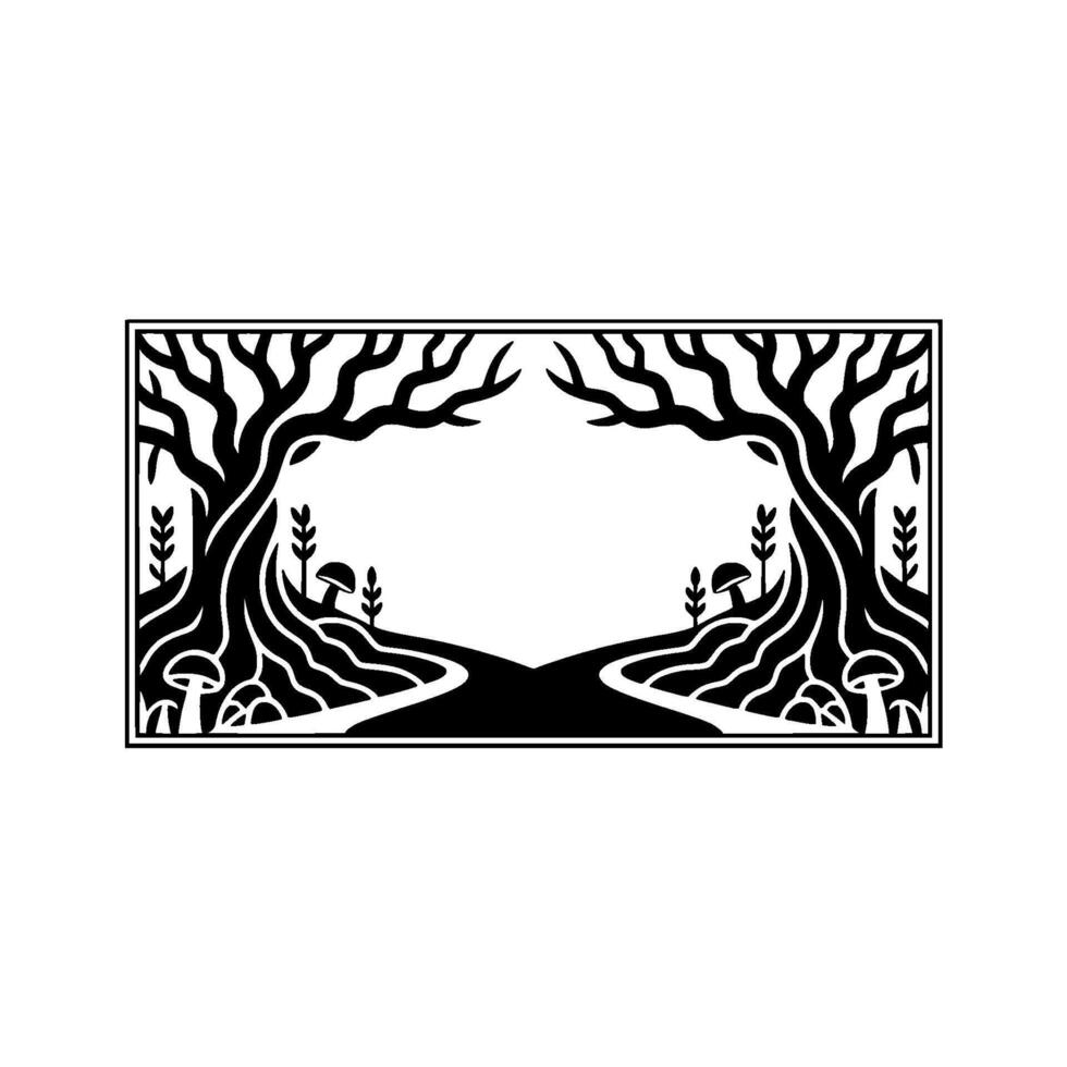Enchanted Forest Border, Stylized Black White Illustration, Branches vector
