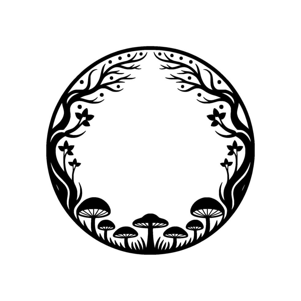 Enchanted Forest Circle, Botanical Frame, Mystical Illustration vector
