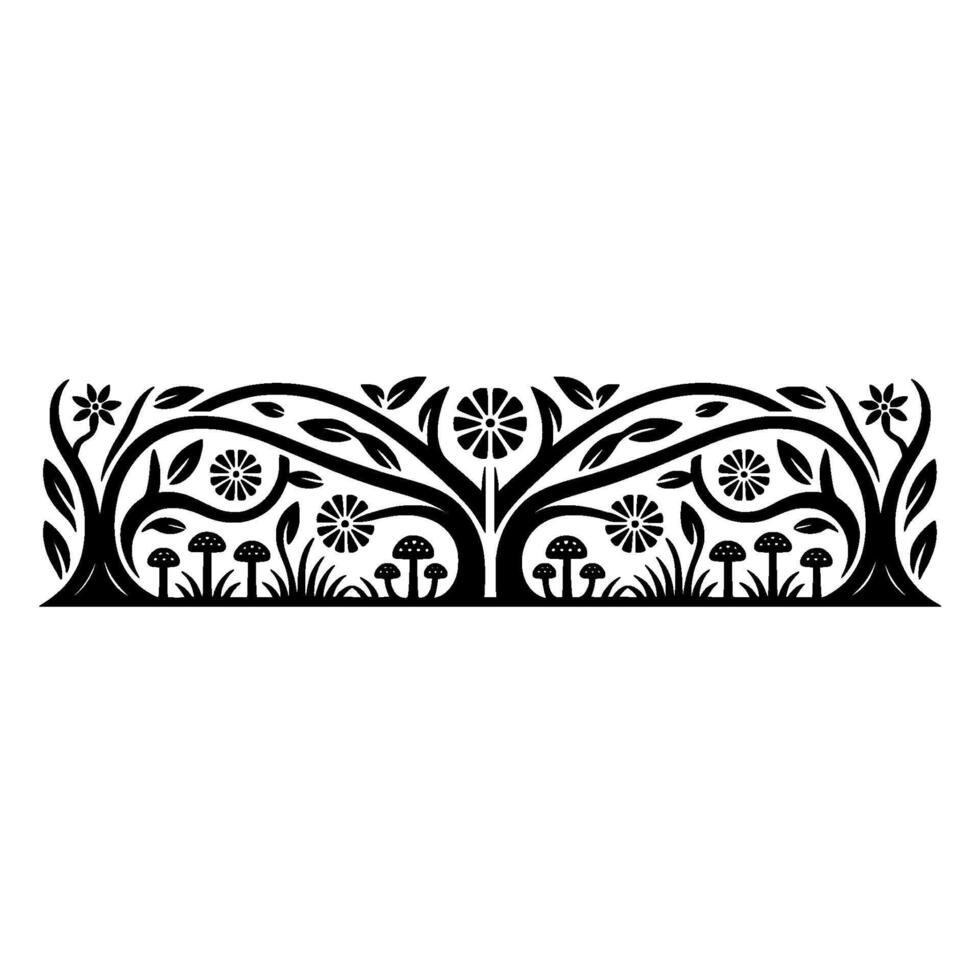 Intricate Forest Border, Stylized Mushroom Motif - Illustration vector