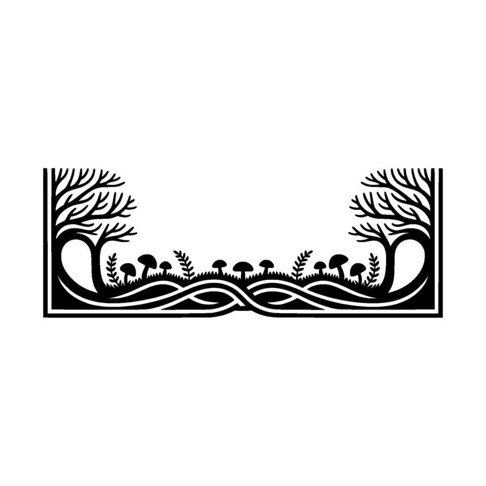 Enchanted Forest Border, Minimalist Black White Illustration, Trees vector