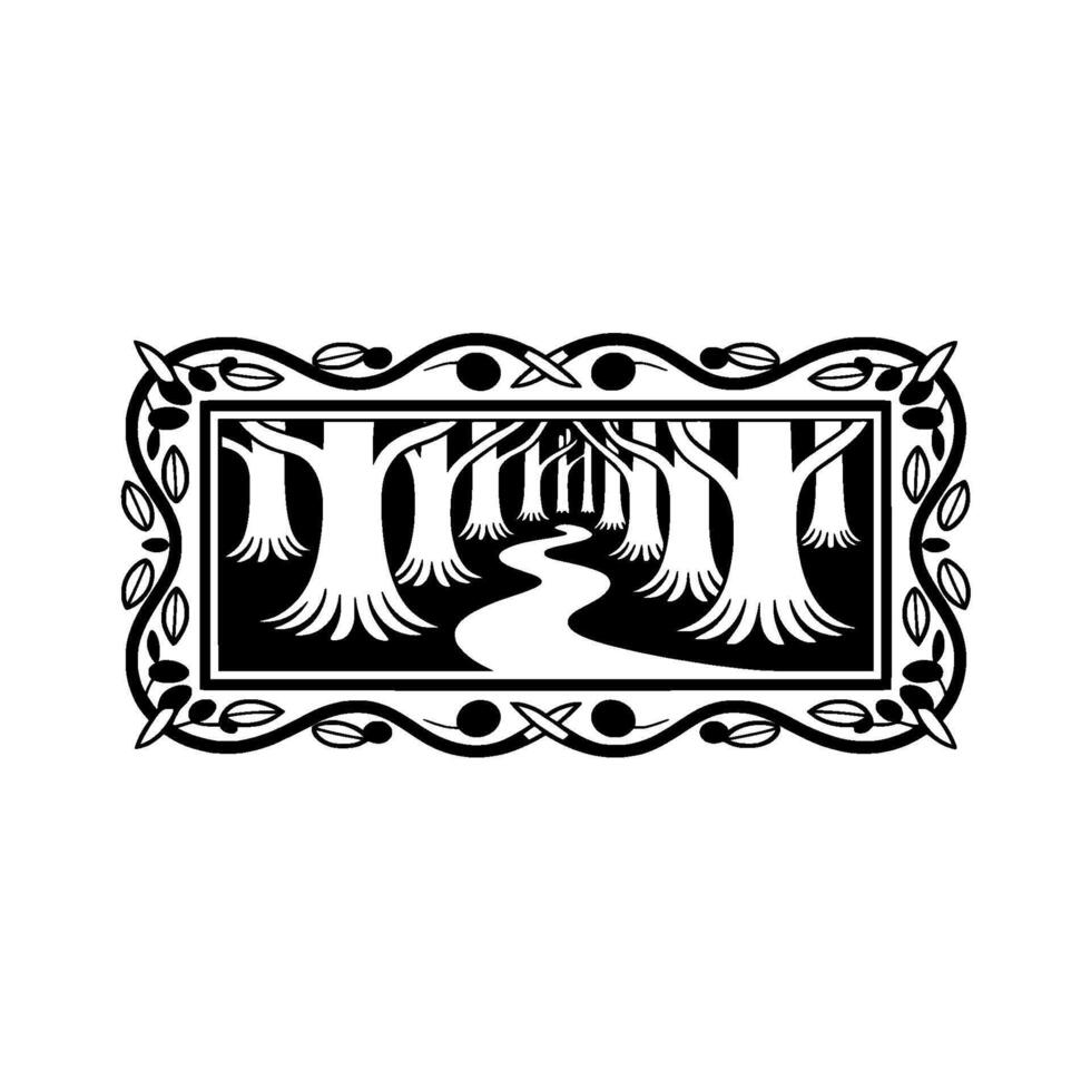 Stylized Forest Emblem, Vintage Illustration, Tranquil Landscape vector