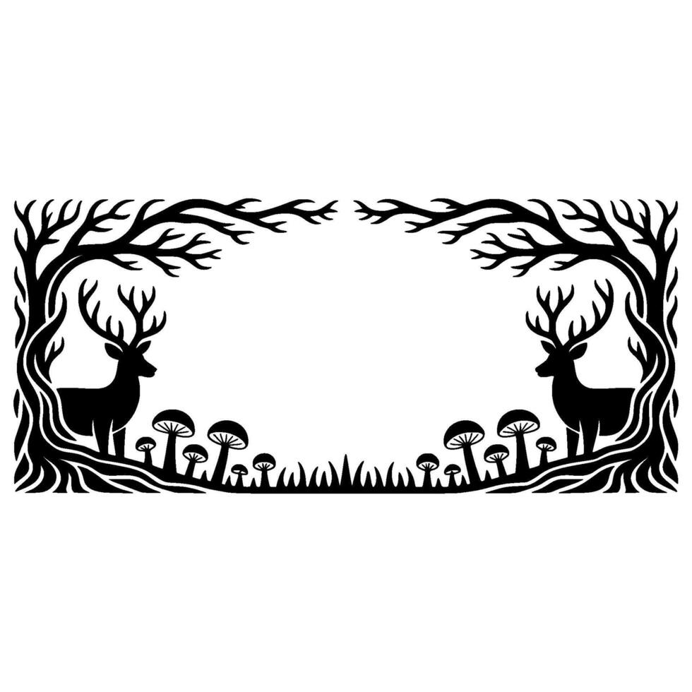 Woodland Silhouette Frame, Deer Mushrooms, Rustic Charm vector