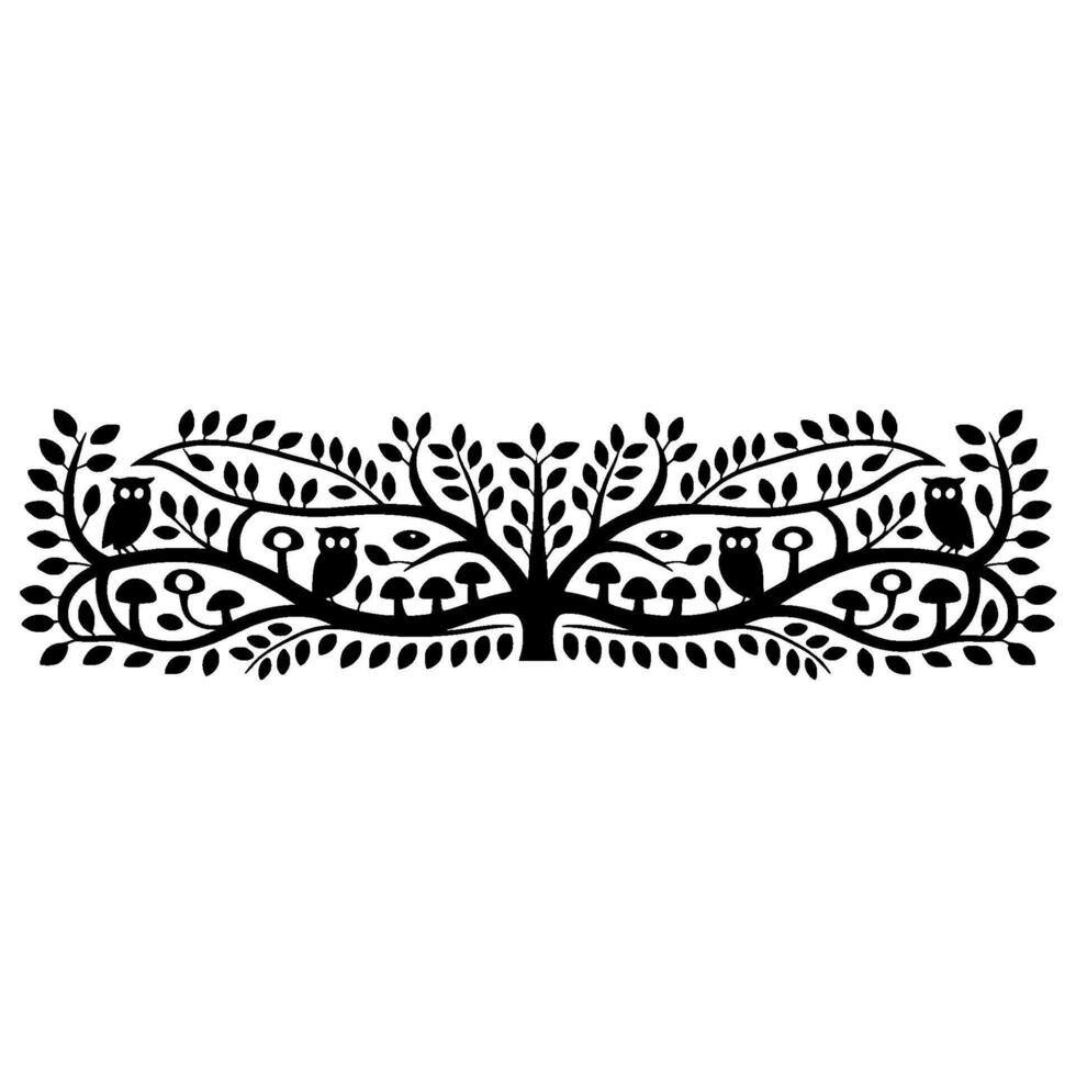 Enchanted Forest Silhouette Owls, Trees, and Mystical Mushrooms vector