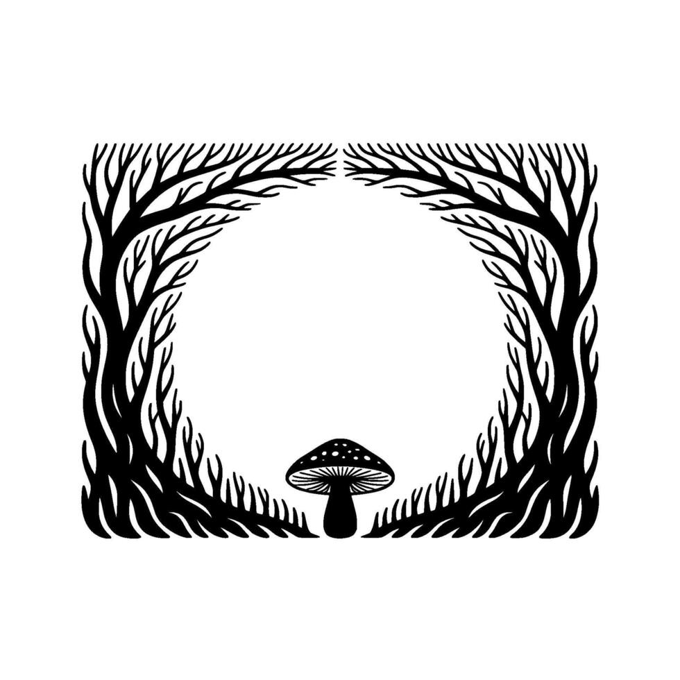 Ethereal Forest Frame, Mushroom Motif - Minimalist Illustration vector