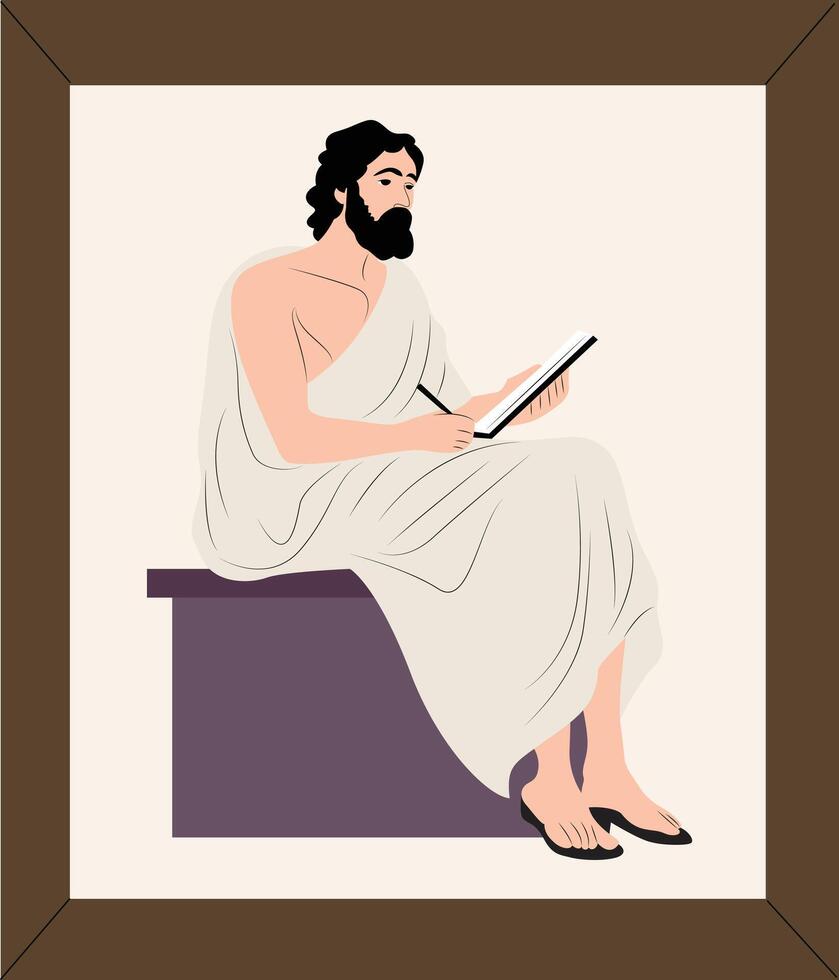A man in a robe sitting on a bench with a tablet vector